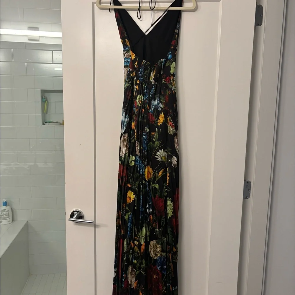 Alice + Olivia Hannah Deep V Black Floral Halter Maxi Dress with Thigh Slit - Picture 4 of 5